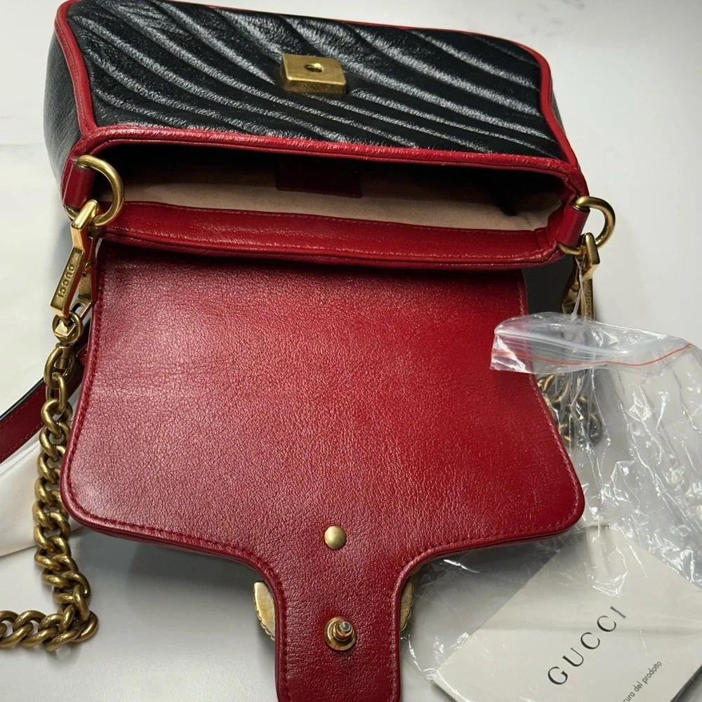 Gucci Marmont Black Quilted Leather Top Handle Satchel Shoulder Bag Red Trim